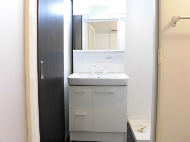 洗面は三面鏡＋下の収納ですっきりまとめられそう