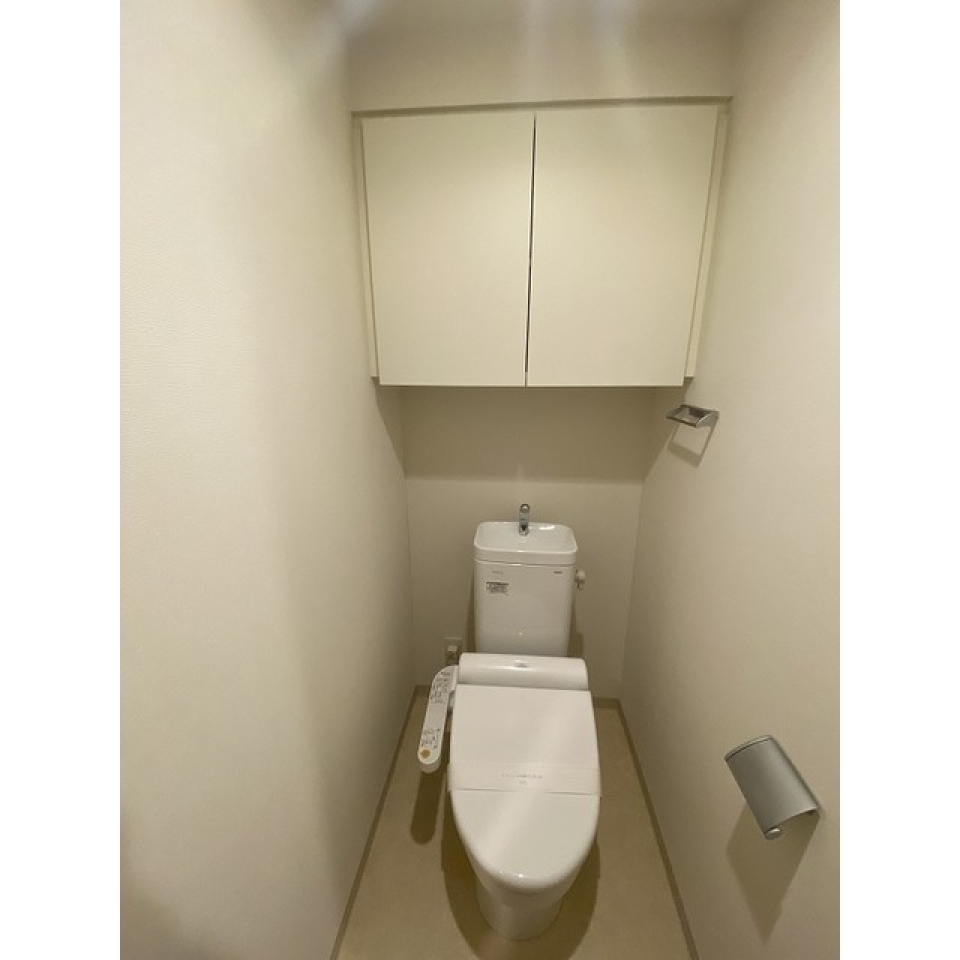 トイレです。頭上に収納棚が付いています。