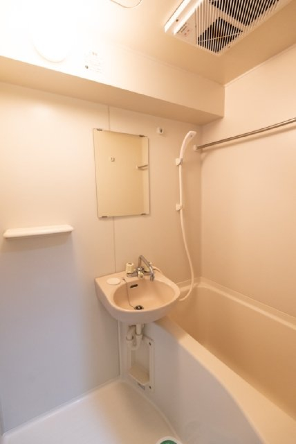 浴室内に浴槽と洗面台が設置されています。