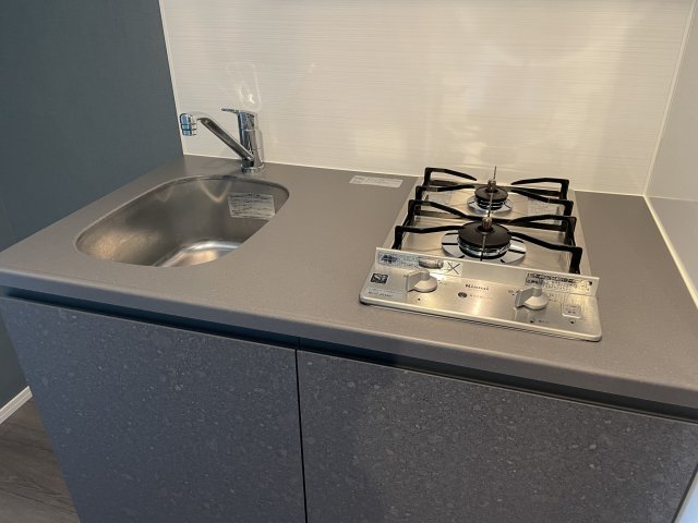キッチンです。2口のガスコンロ付きです。
※別号室同室タイプ