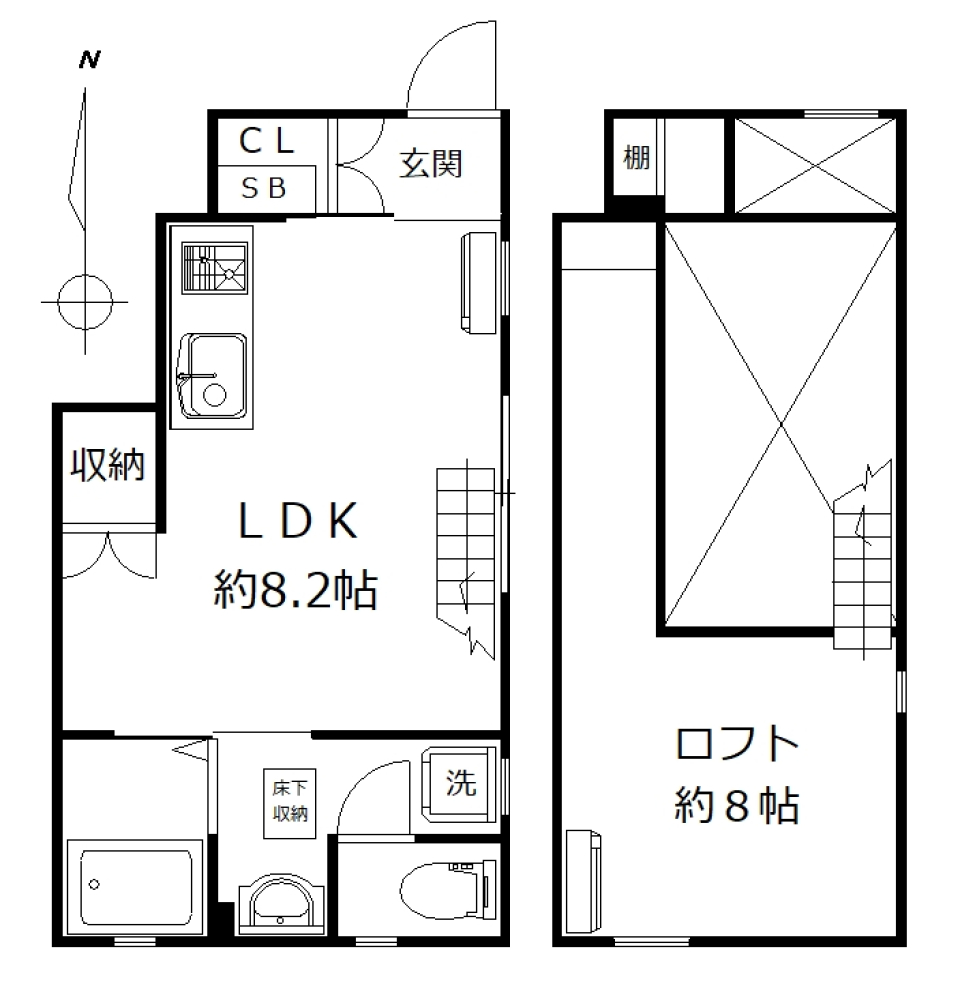 吹き抜けで天井が高いの間取り図