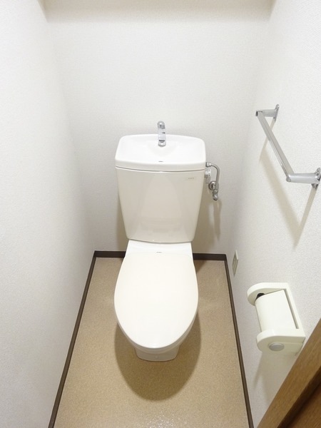 タオル掛けのついたトイレです。手洗いもここで済ましてしまいましょう。