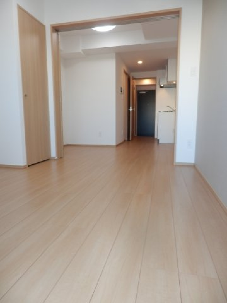 ダイニングキッチンと洋室がスライド式ドアを隔てて広がります。