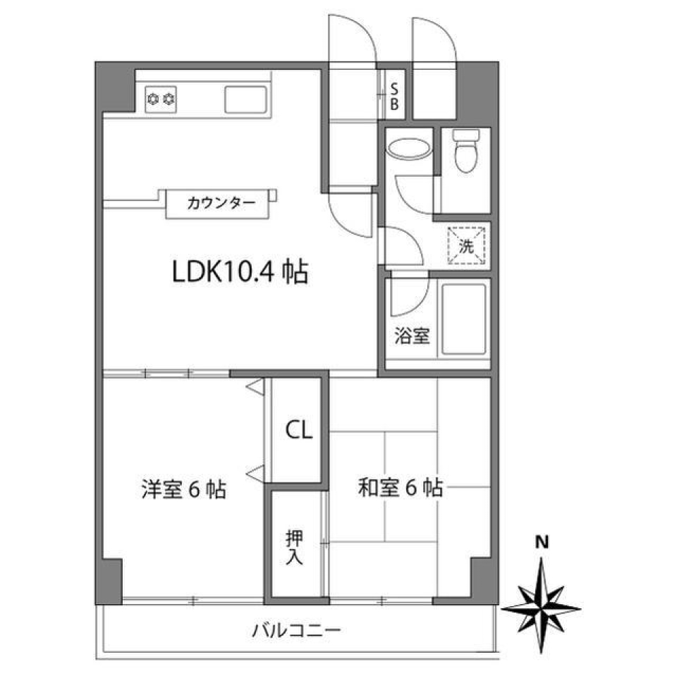閉鎖間の少ない風通しの良い2LDKの間取り図