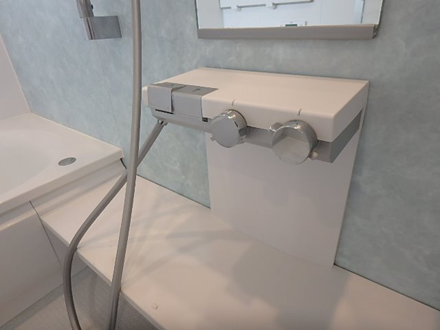 シャワーの蛇口の形も一風変わった丸い形。棚にもなっているのでシャンプーボトルなどを置くこともできます。