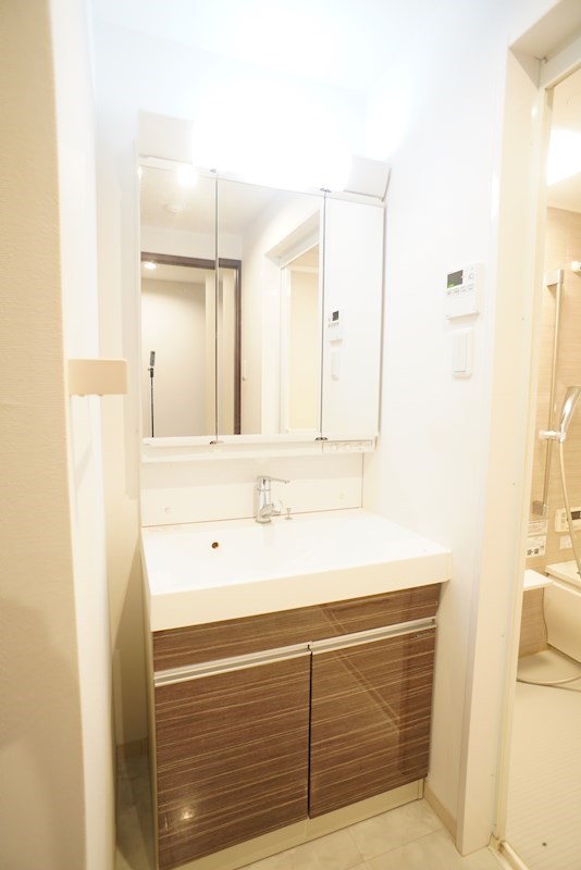 大きな鏡のある洗面台。鏡を開けば収納棚もあります。
洗面所をスッキリさせたい人にはお勧めです！