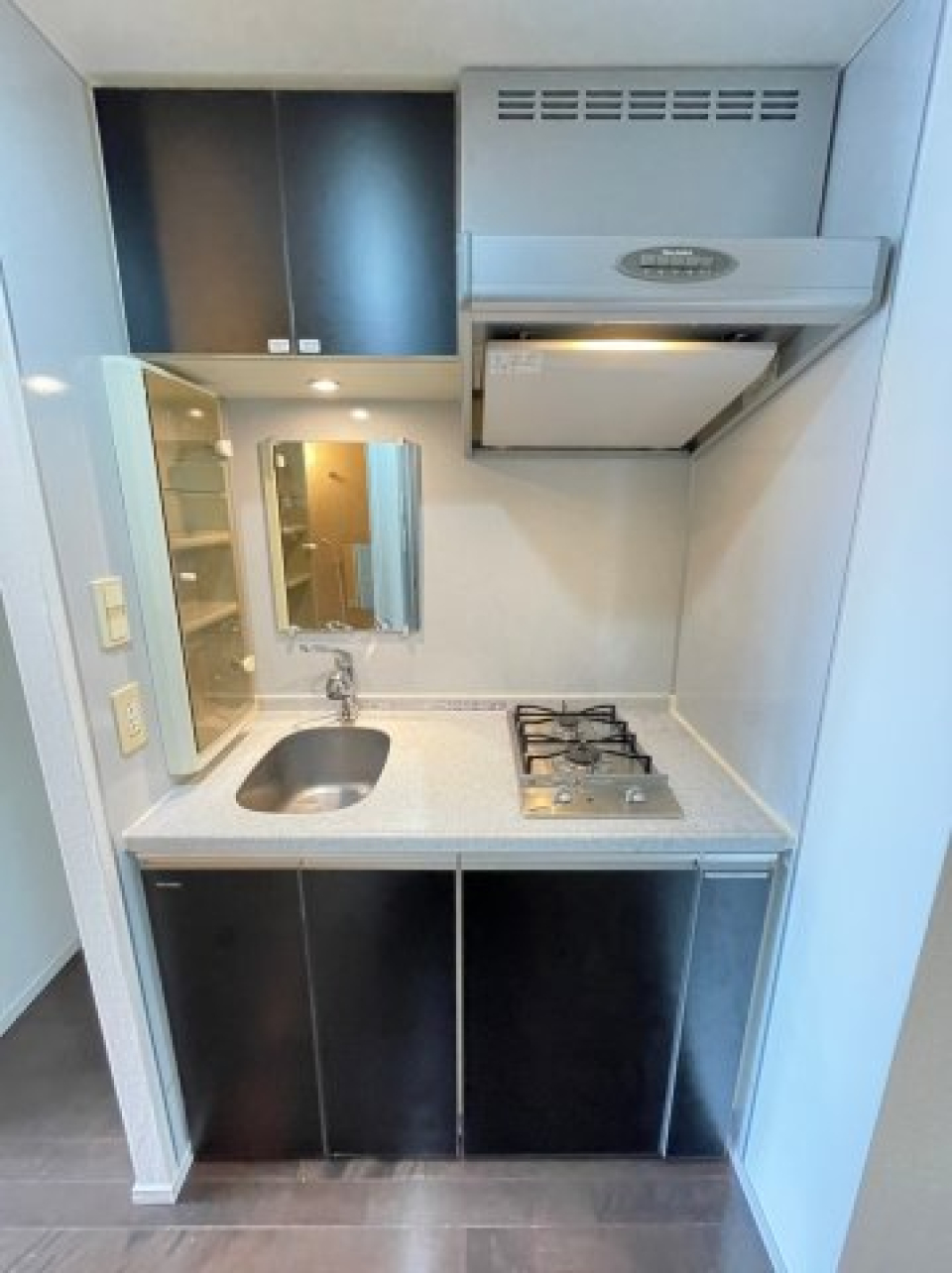 部屋の雰囲気を邪魔しないデザインが統一されたキッチン。２口コンロです。