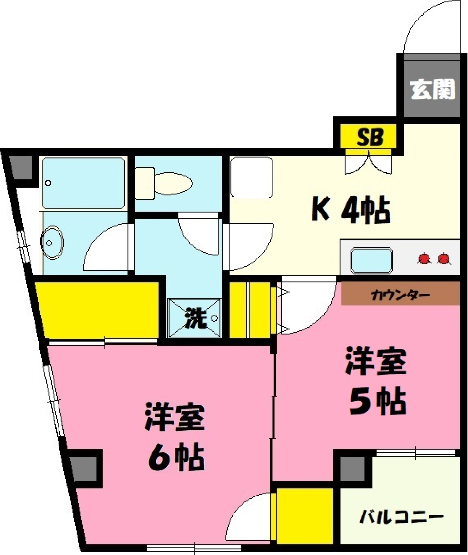 お得で2K角部屋の明るい暮らしの間取り図