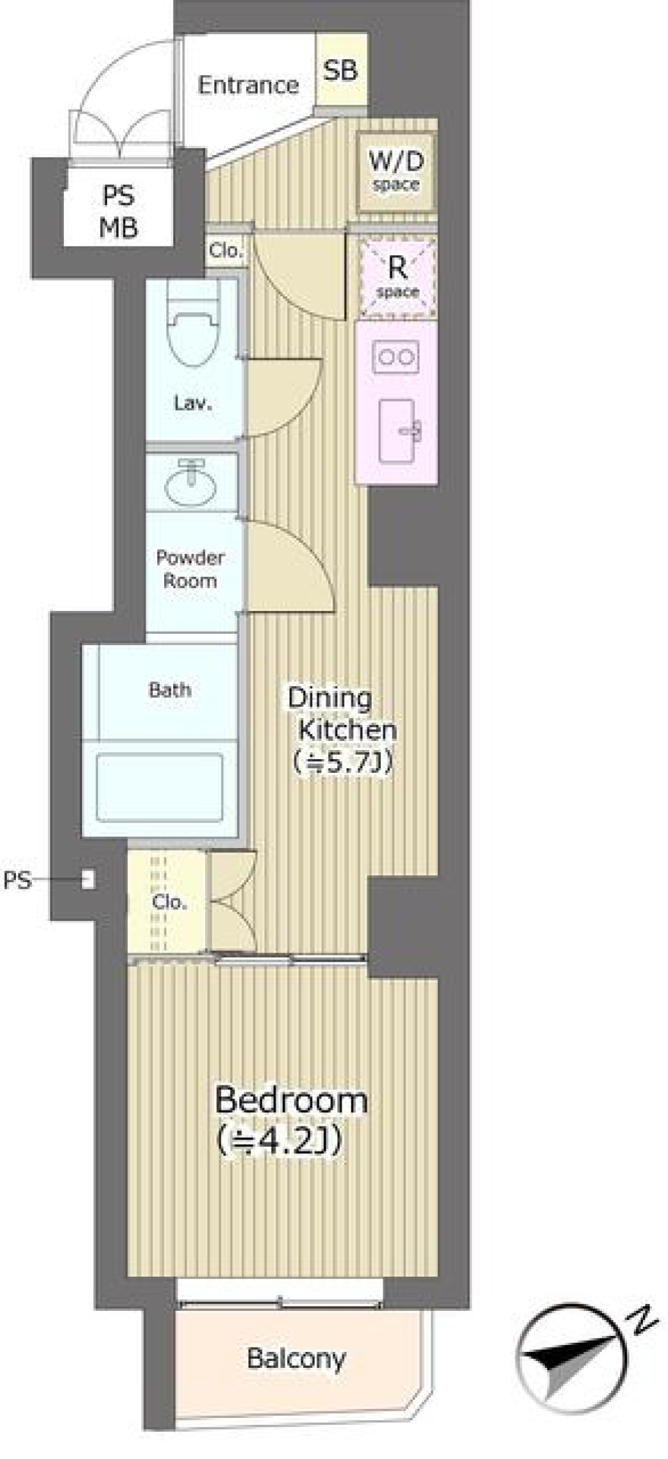 浅草駅近くの、１人暮らしのための１DKの間取り図
