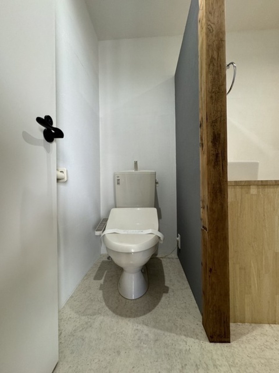 トイレです。収納スペースがないので、生活用品用の収納棚を追加したいですね。