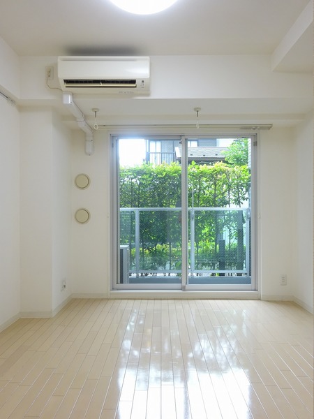 壁も床も白い空間の向こう側で、緑が鮮やかに彩ります。