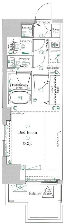 1Kの間取りです。
※反転タイプとなります。