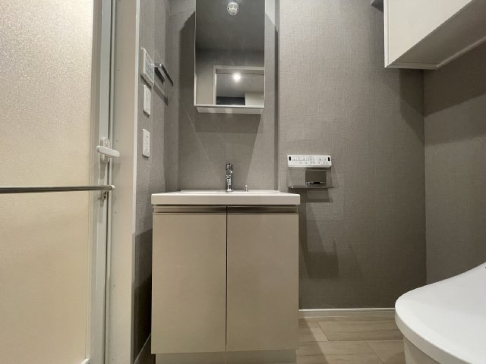 トイレと洗面台の真横に浴室があります。脱衣所としてはコンパクトな空間ですね。