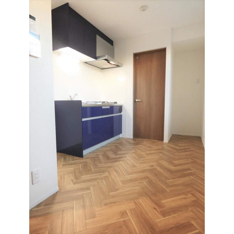 キッチンはコバルトブルーのパネルが採用されています。