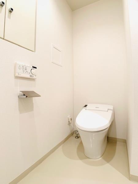 清潔感のあるトイレには棚が付いているので、お掃除アイテムなど収納してもいいですね。
