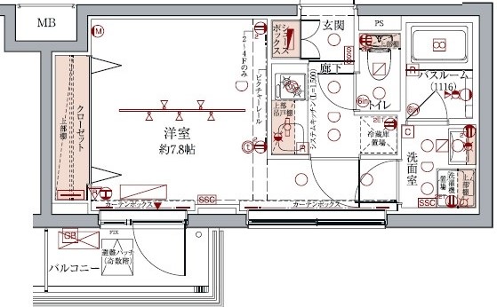 7.8帖の1Kの間取りです。