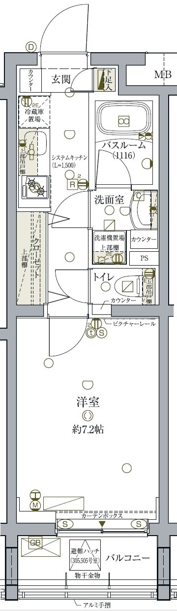 約7.2帖の1Kの間取りです。