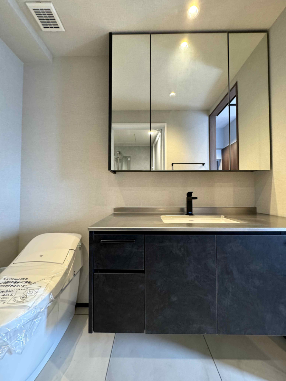 洗面台もシックなブラック。3面鏡で収納力抜群。