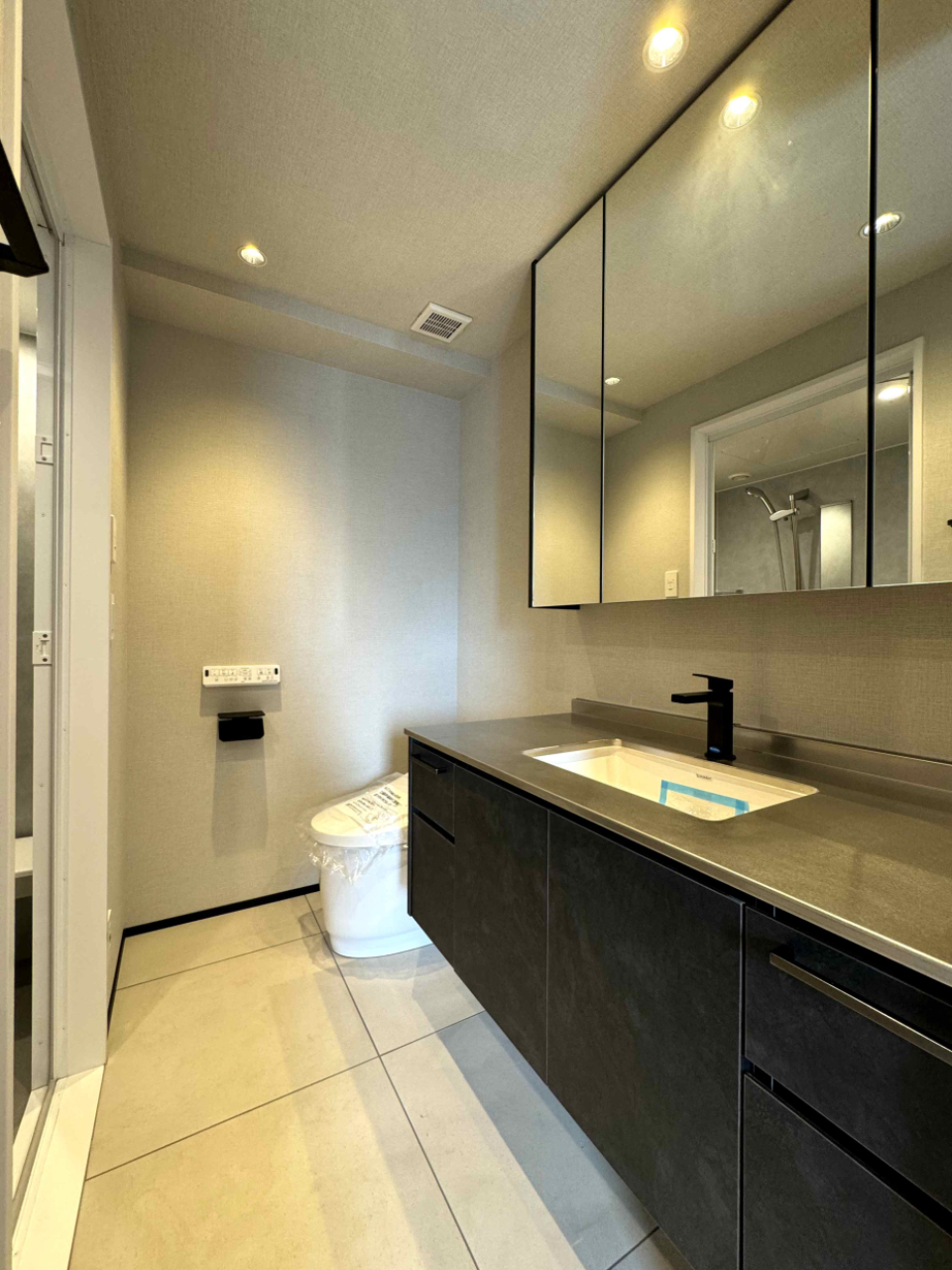 左にシャワールームの入り口がある。脱衣所兼洗面所兼トイレのスペース