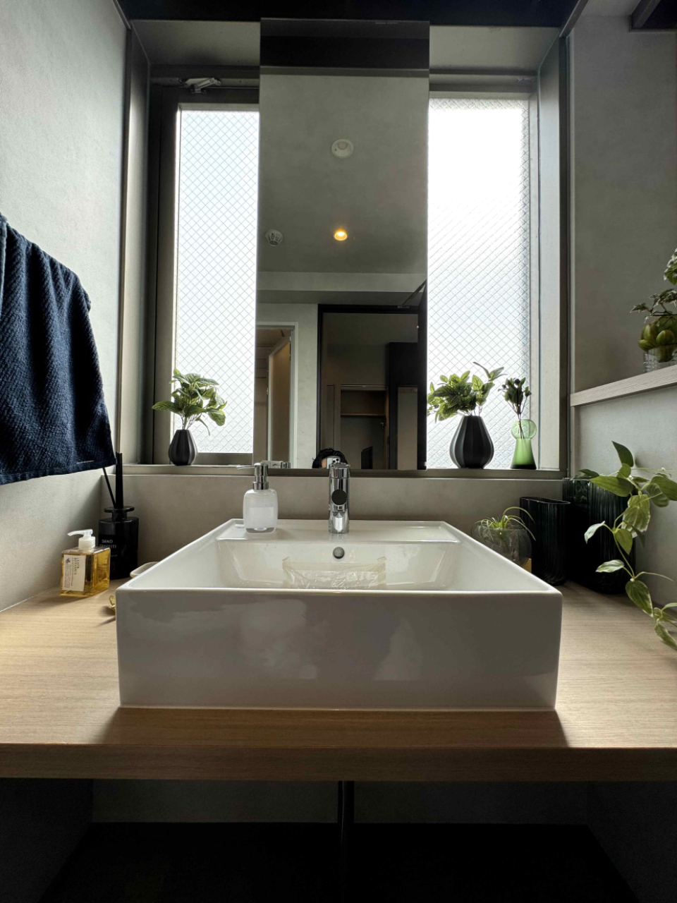 スリット窓があり、天然の光で、毎朝、顔のコンディションが確認できる。