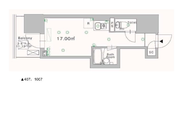 1Rの間取りです。
※反転タイプの場合有り
