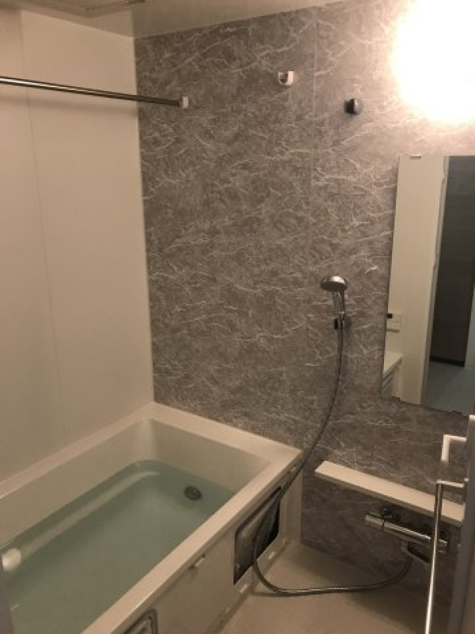 浴室のグレーベースのアクセントパネルがちょっとクール。