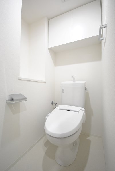 トイレの上に収納があり、日用品をストックできそう。ニッチには好きな小物や観葉植物を置いて。