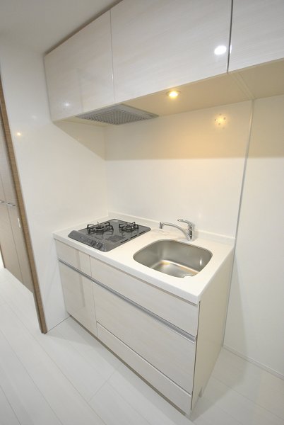 洋室の雰囲気に合わせて白でまとめられたキッチンです。