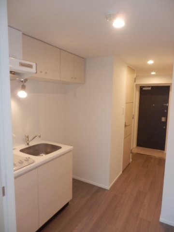 ２口コンロのシステムキッチンは、スポットライトの照明で手元を明るく照らしてくれます。スタイリッシュです。