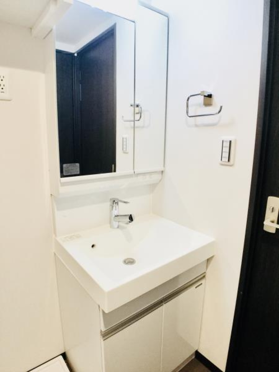 タオル掛けもついている洗面台。