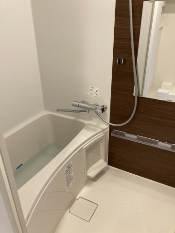 ブラウンのパネルが採用された浴室。