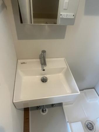 洗面台・室内洗濯機置き場です。シンプルな造りで、収納がないため工夫が必要です。