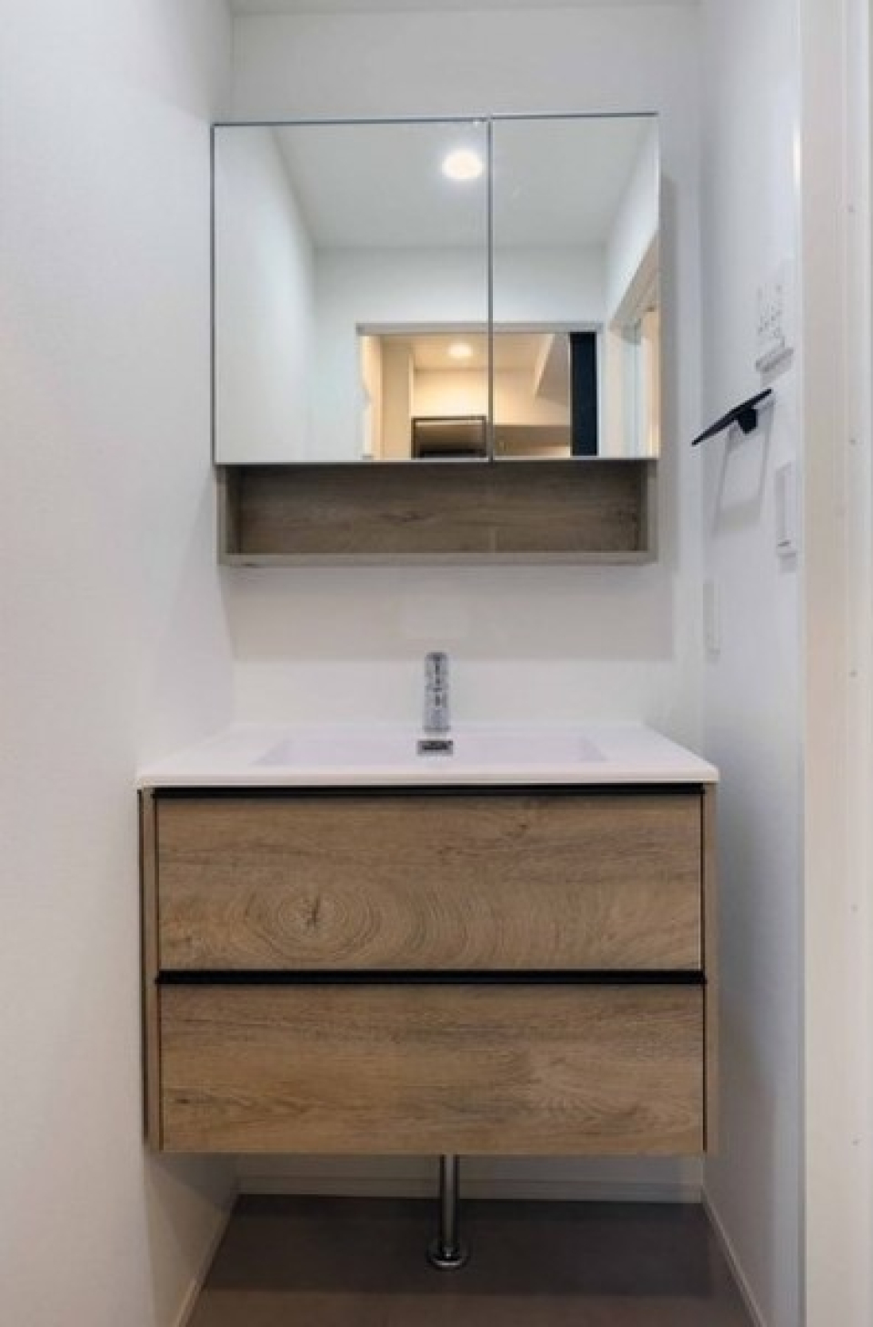 洗面台に木の素材という斬新なデザイン。ひと癖もふた癖もあるお部屋です。