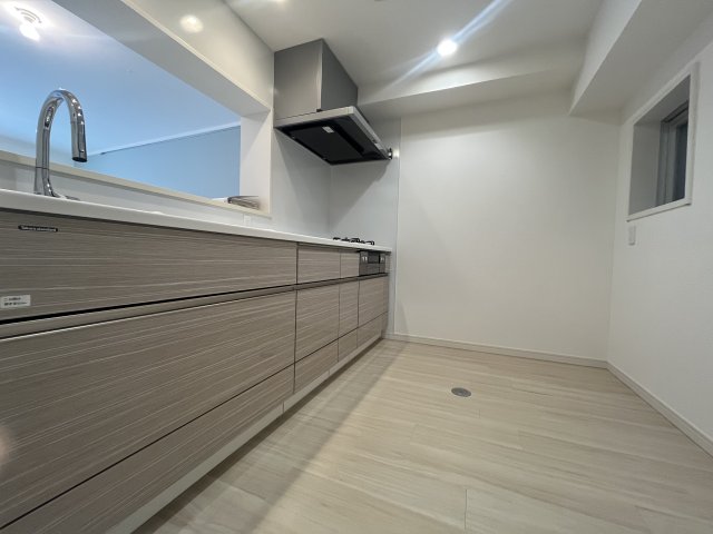 キッチンの様子。幅があって広いので、後ろの壁を一面食器棚にしてみてもおしゃれ。