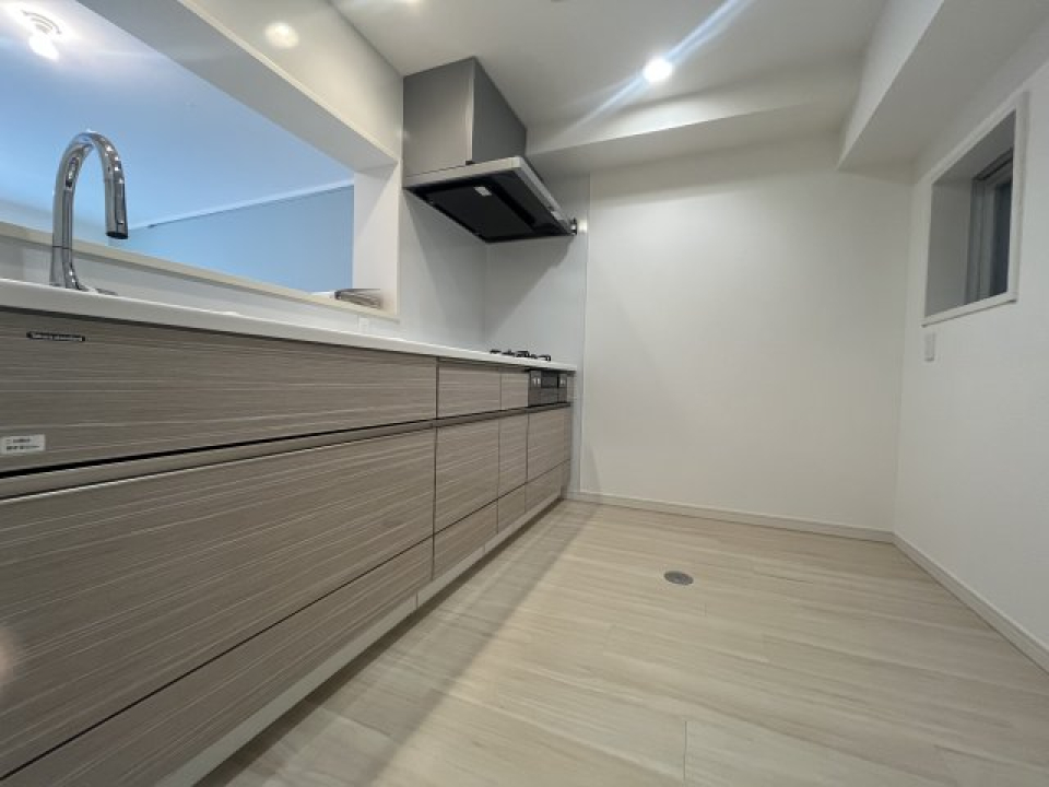 キッチンの様子。幅があって広いので、後ろの壁を一面食器棚にしてみてもおしゃれ。