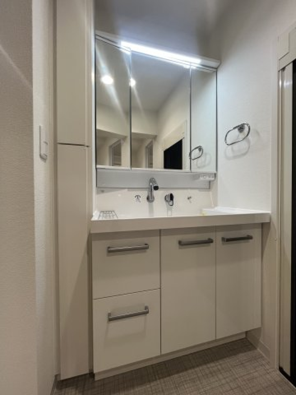 独立洗面台の様子。三面鏡が実は便利。