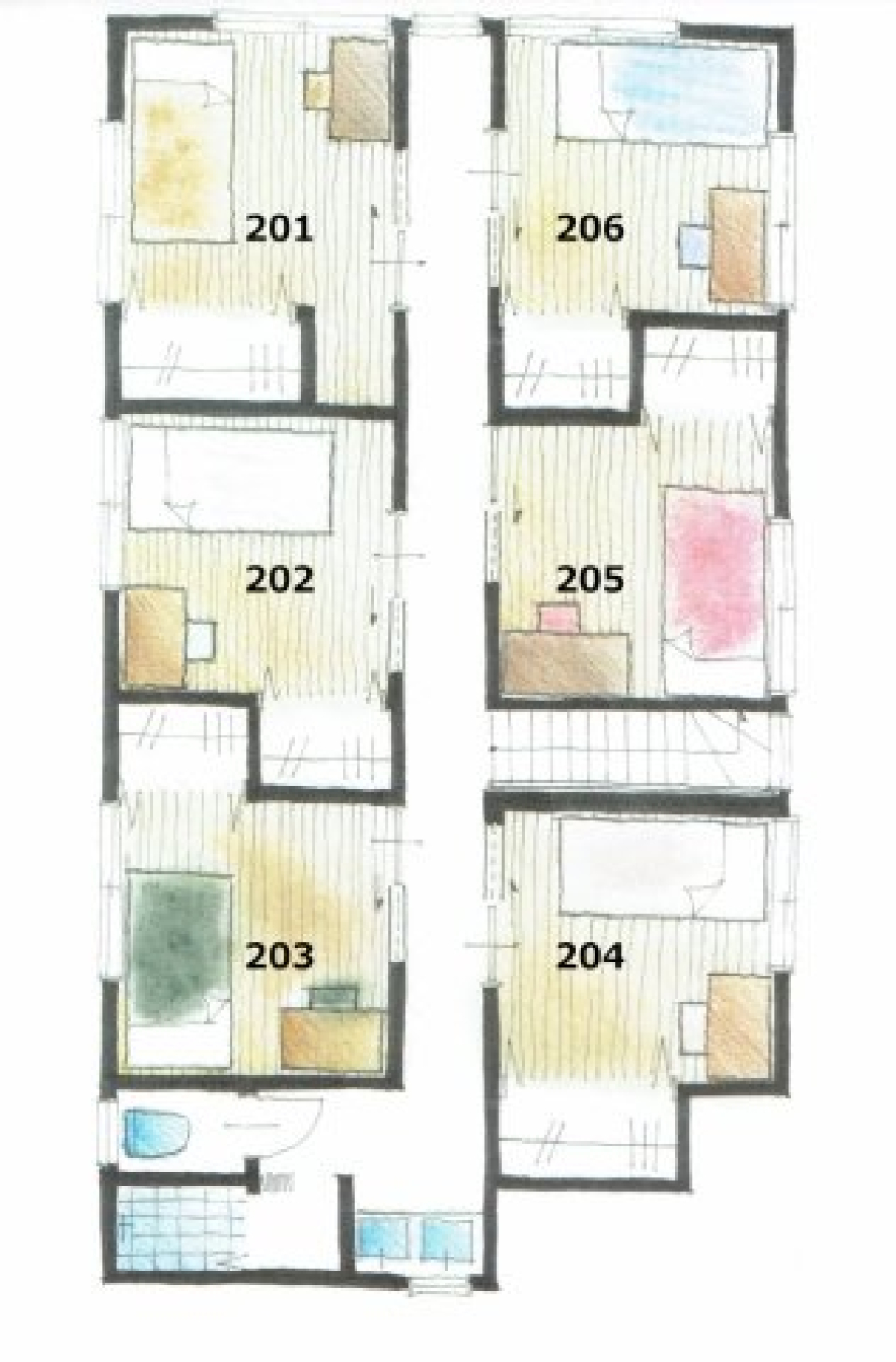 １階には４戸、２階は６戸の個室があり、インターネットを無料で使用できます。 