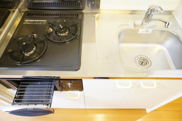 2口コンロ、魚焼きグリル付き