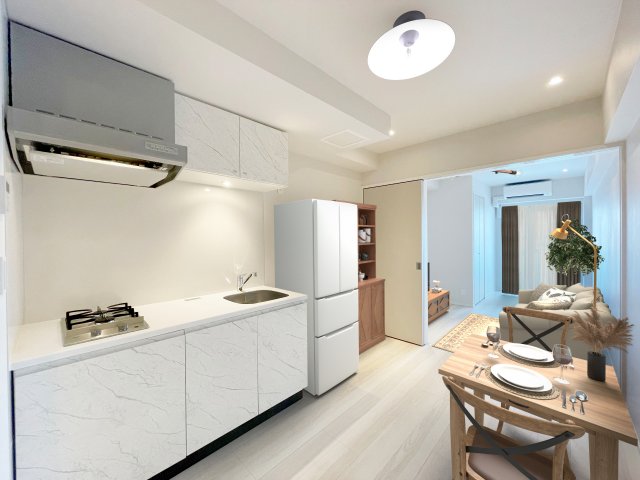 実際の室内にバーチャルで家具を配置した写真です。