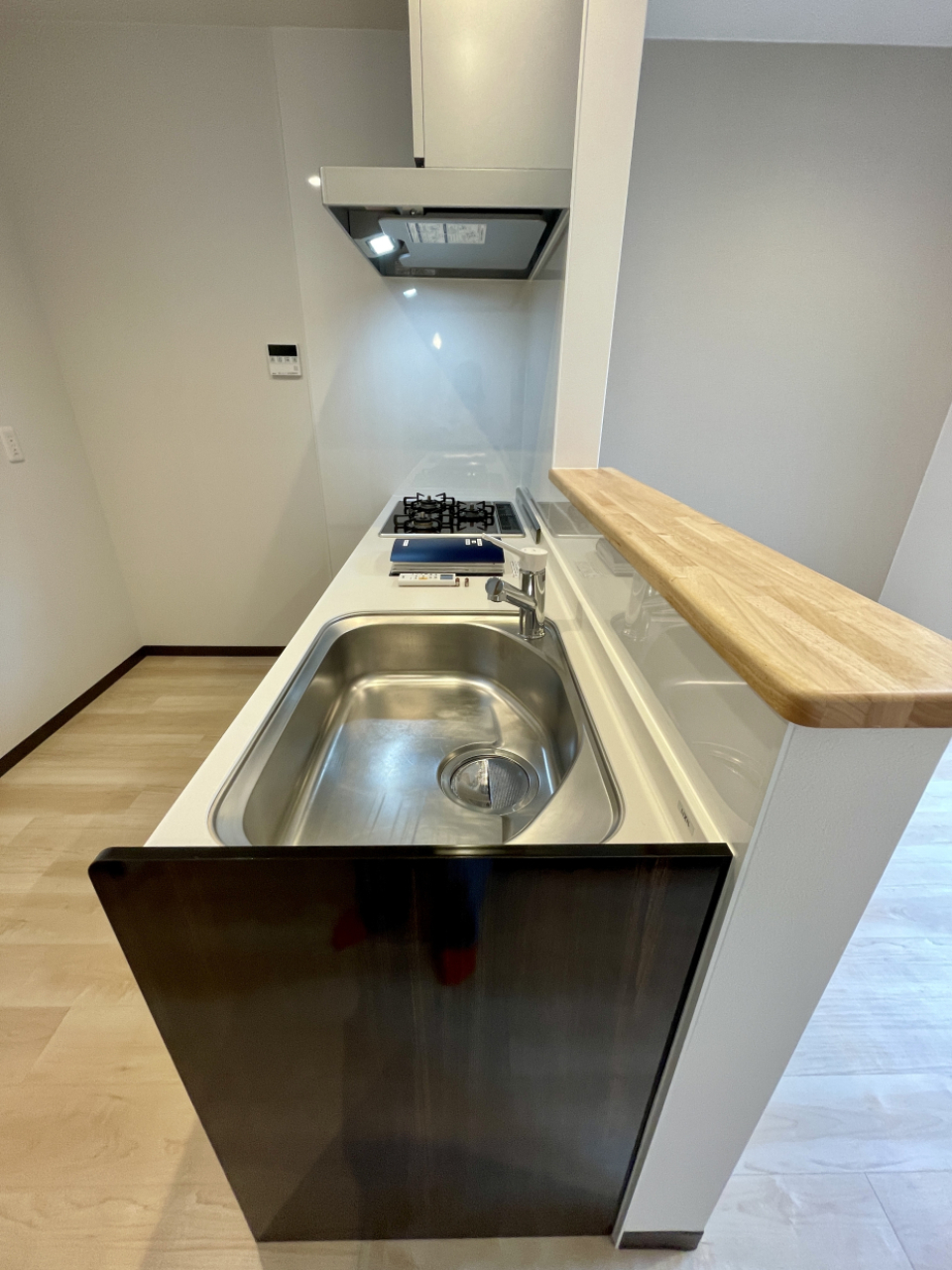 写真右手にウッドデッキ。日中なら自然光でお料理できそう