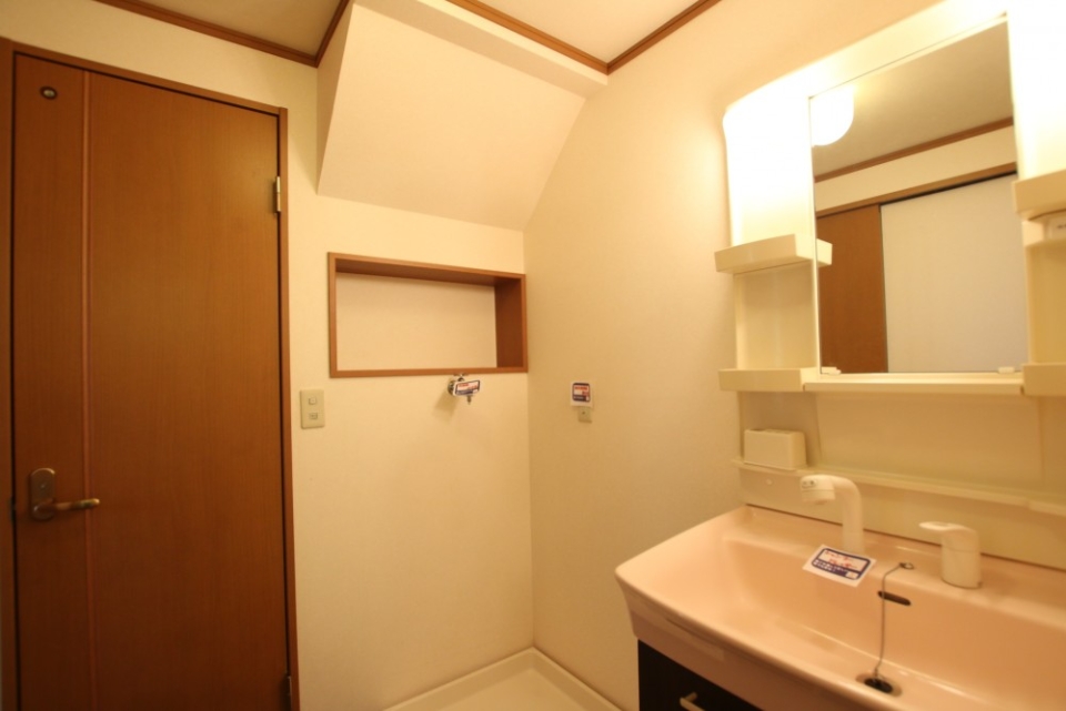 洗濯機置き場のニッチには洗剤が置けてとっても便利。