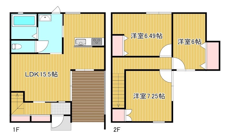 戸建３LDK。２階の３部屋は全て6帖以上あるのでインテリアも考えやすい間取りです。