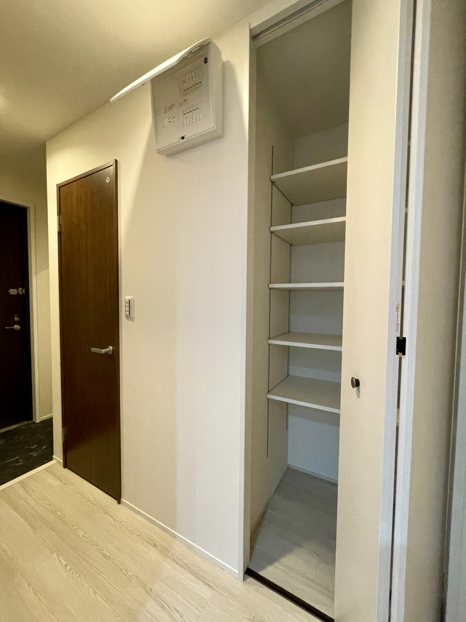 廊下にも収納あり。バックやスーツケース置くのにもいいかも。