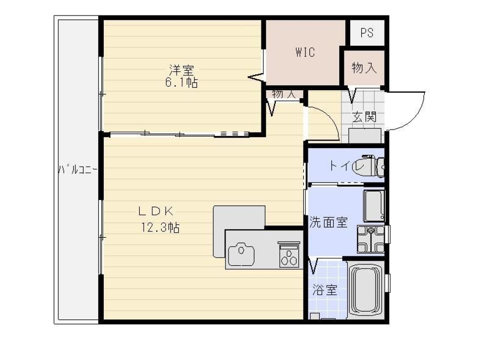 セキュリティ充実の1LDK暮らしの間取り図