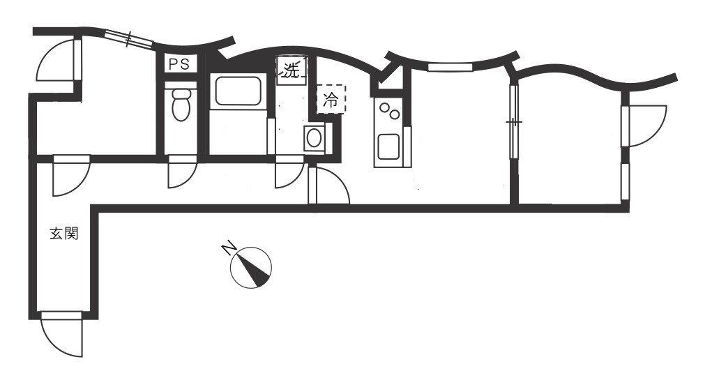 細長いタイプの2DKです。