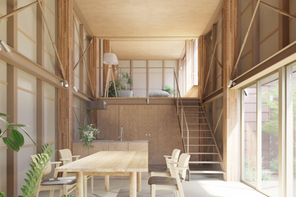 木や土壁と鉄骨筋交が入り混じるダイナミックな空間