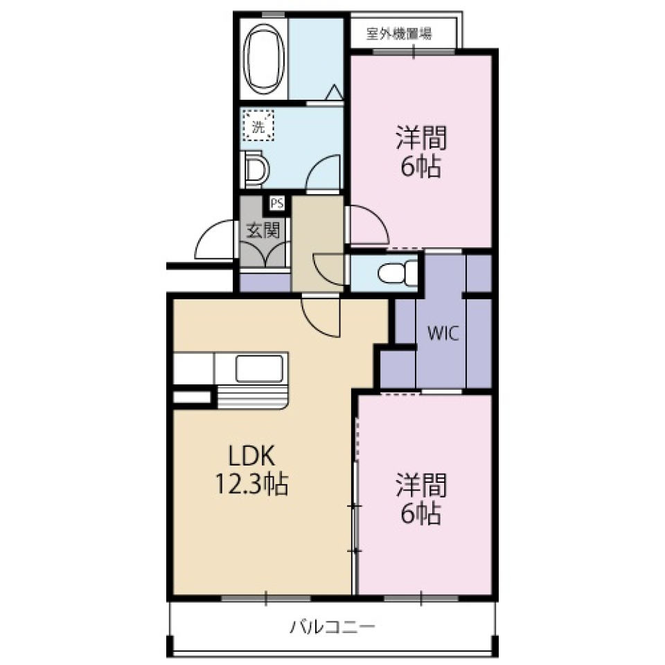 設備充実の2LDKの間取り図
