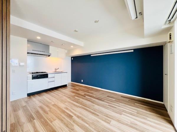 ブルーの壁の右手側に収納もあります。