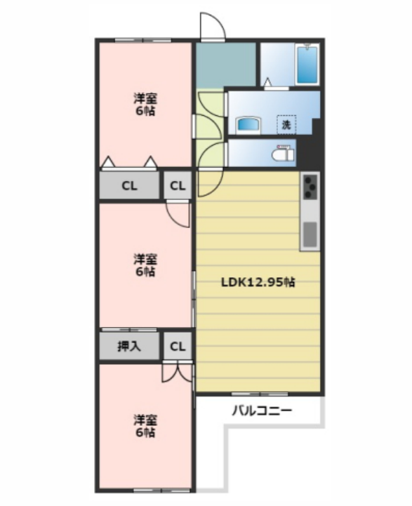 水回りが北にまとまっていて、各部屋６帖を確保した、ファミリー向けの間取り