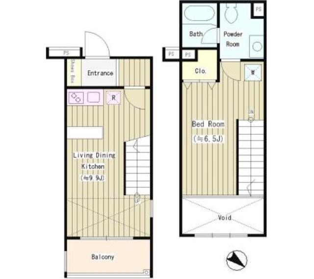 下階にキッチンとLDK、上階に水回りがまとまっています。